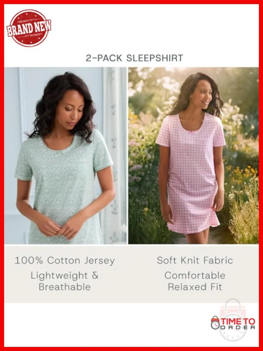 100% Cotton Short Sleeve Sleepshirt 2-Pack - Soft & Breathable Nightgown